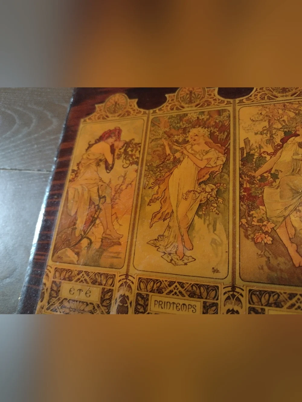 Vintage Art Nouveau Wooden Mirror with Four Seasons Panels, Handmade - Picture 3 of 11